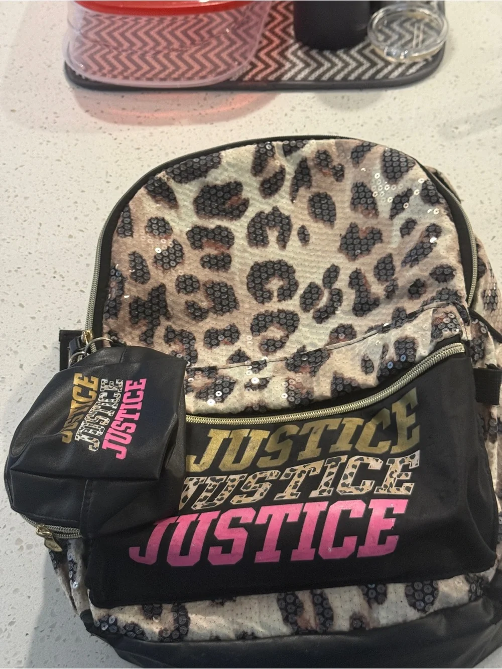 Justice Leopard Sequin Backpack with Pink & Gold Logo